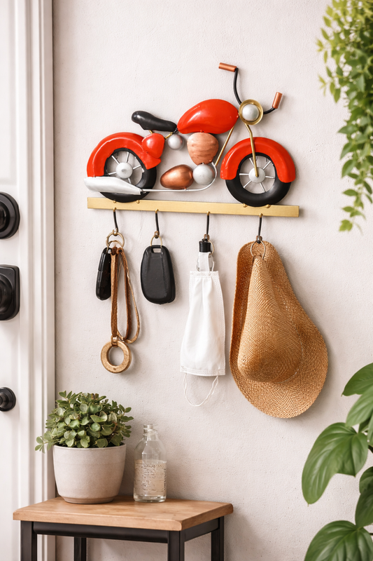 Metal Bike Wall Hanging Key Holder with 5 Hooks | Decorative Wall Organizer